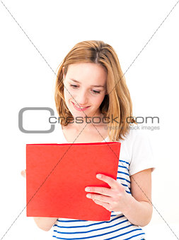 Young smiling woman reading Folders