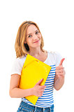 Young smiling woman thumb up and holding notepad