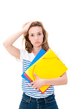 unhappy woman with folders