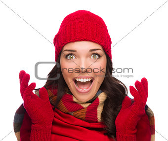 Ecstatic Mixed Race Woman Wearing Winter Hat and Gloves