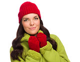 Grinning Mixed Race Woman Wearing Winter Hat and Gloves