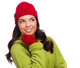 Mixed Race Woman Wearing Hat and Gloves Looking to Side 