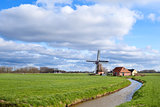 sunny day on Dutch farmland with windmill