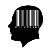 Head of a man with a barcode.