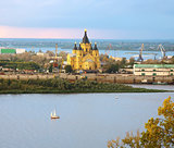 Alexander Nevsky Cathedral and sailboat on confluence rivers Niz