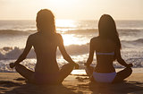 Two Bikini Women Girls Sitting Sunset Sunrise Beach