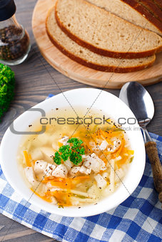 Bowl of chicken soup with vegetables and noodles