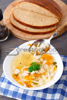 Bowl of chicken soup with vegetables and noodles