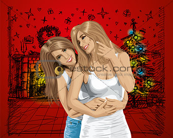Vector Women Gay Couple Have Christmas Time