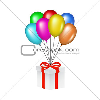 Multicolored glossy balloons lifting a gift box