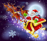 Christmas Santa flying in his sled or sleigh