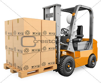 3D white people. Forklift with a pallet