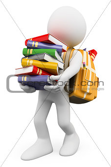3D white people. Student carrying a stack of books