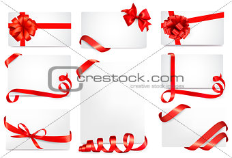Set of gift cards with red gift bows with ribbons Vector 