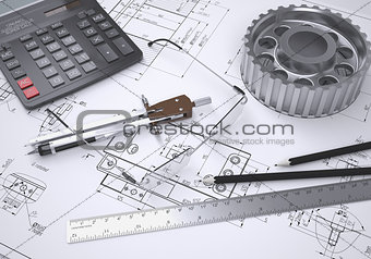 Glasses, ruler, compass, calculator and gear