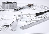 Glasses, ruler, compass, pencil and gear