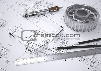 Glasses, ruler, compass, pencil and gear