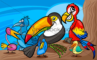 exotic birds group cartoon illustration