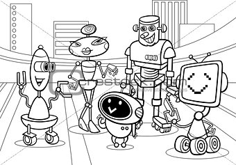 robots group cartoon coloring page