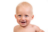 Portrait of a smiling nine-month old boy over white background