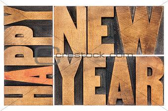 happy new year in wood type