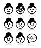 Grandma face, woman with bun hair vector icons set