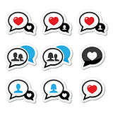 Love, speech bubbles with heart vector icons set