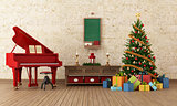 Vintage christams room with red grand-piano