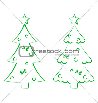 Christmas set trees with decoration, stylized hand drawn