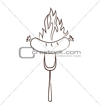 Hot sausage with flames isolated on white background