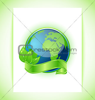 Green earth with leaves wrapped ribbon isolated