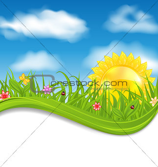 Summer card with sky, cloud, sun, grass, flower, butterfly, lady