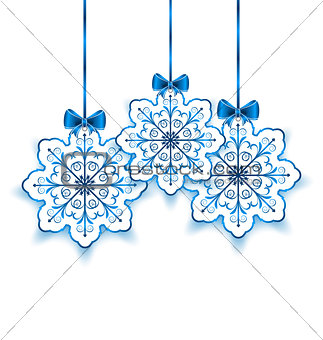 Set Christmas paper snowflakes with bow isolated on white backgr