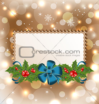 Christmas elegant card with mistletoe and bow