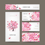 Business cards design with floral tree pink