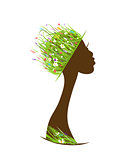Organic hair care concept, female head with hat made from grass