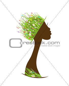 Organic hair care concept, female head with hat made from grass