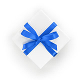 white textured gift box with blue ribbon bow