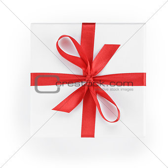 white textured gift box with red ribbon percent symbol