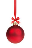 red christmas ball hanging on ribbon with bow