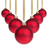 red christmas balls hanging on ribbon v shape