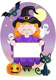 Little witch with signboard