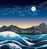 Sea with waves and night sky.