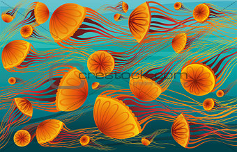 Cartoon jellyfish and sea.