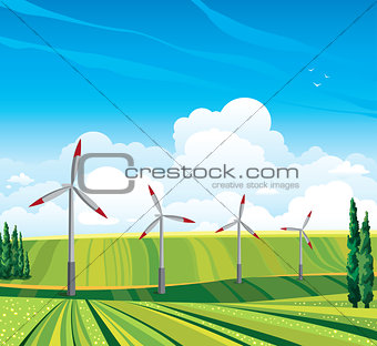Wind generator and green meadow.