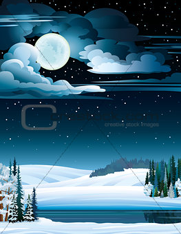 Winter landscape with lake and full moon.