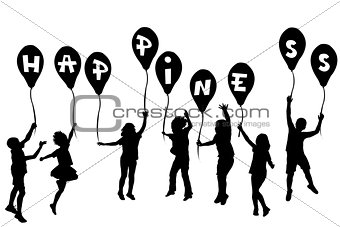 Children silhouettes holding balloons with Happiness