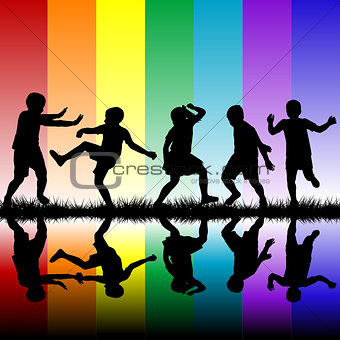 Children silhouettes playing over rainbow background