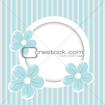 Retro striped background with frame and blue flowers