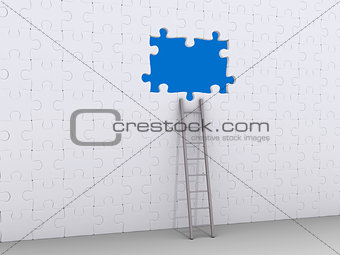 Ladder leaning on puzzle wall with hole